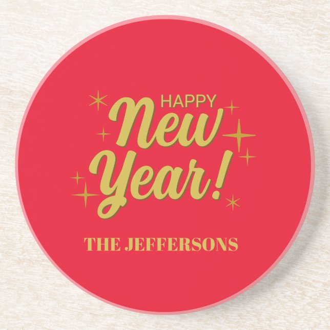 Gold Color Red Happy New Year Merry Christmas Coaster (Front)