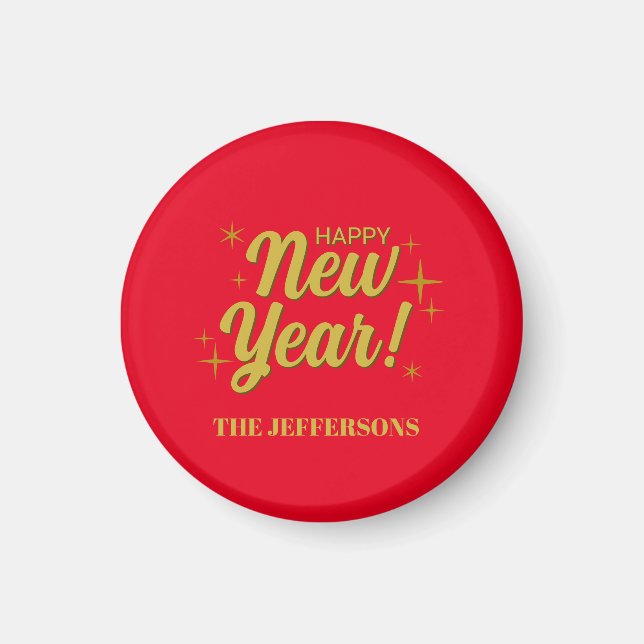 Gold Color Red Happy New Year Merry Christmas Magnet (Front)
