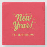 Gold Color Red Happy New Year Merry Christmas Stone Coaster