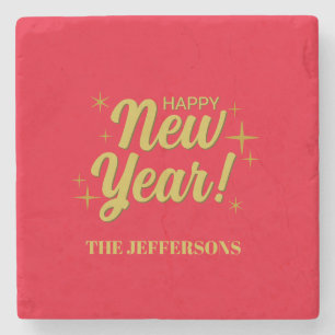Gold Color Red Happy New Year Merry Christmas Stone Coaster