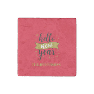 Gold Color Red Happy New Year Merry Christmas Stone Magnet