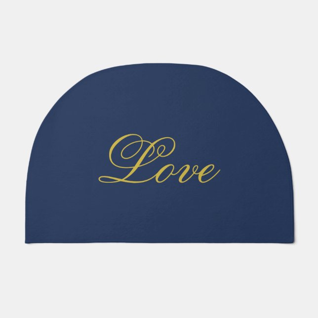 Gold Color Script Love Blue Calligraphy Doormat (Front)