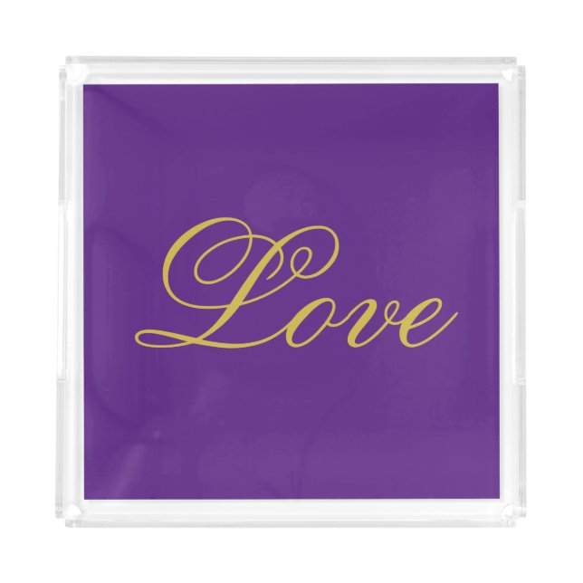 Gold Color Script Love Purple Calligraphy Acrylic Tray (Front)