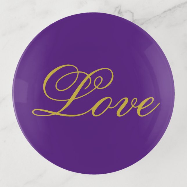 Gold Color Script Love Purple Calligraphy Trinket Tray (Front)