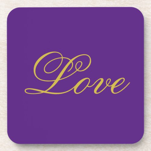 Gold Color Script Love Purple Wedding Calligraphy Beverage Coaster