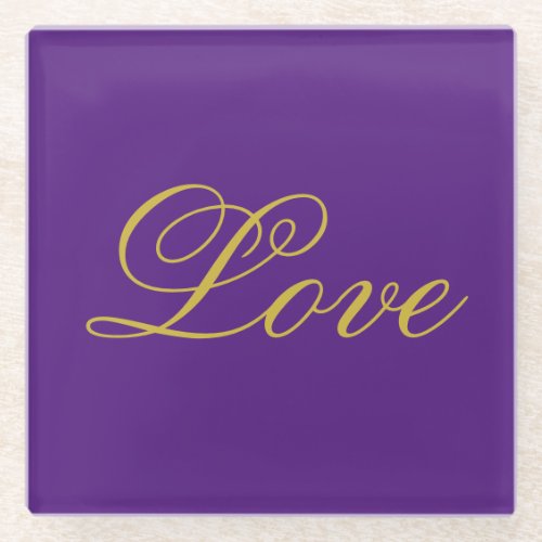 Gold Color Script Love Purple Wedding Calligraphy Glass Coaster