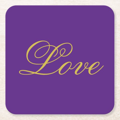 Gold Color Script Love Purple Wedding Calligraphy Square Paper Coaster