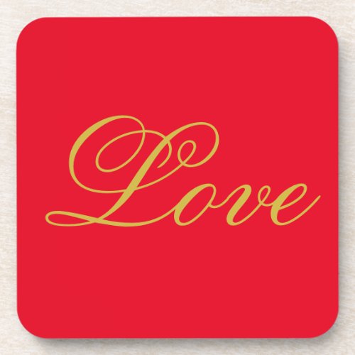 Gold Color Script Red Love Wedding Calligraphy Beverage Coaster