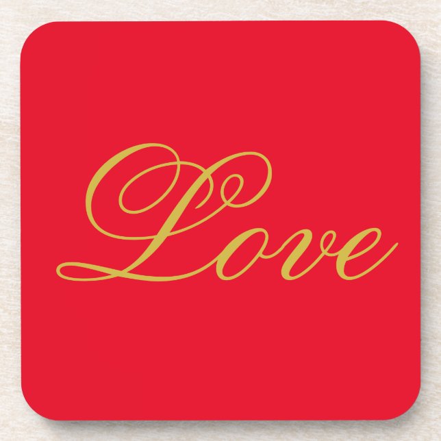Gold Color Script Red Love Wedding Calligraphy Beverage Coaster (Front)