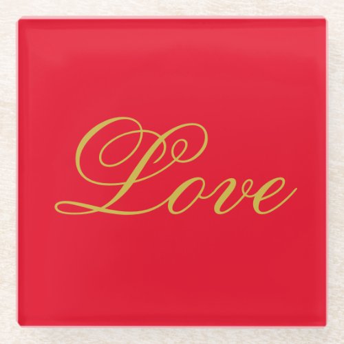 Gold Color Script Red Love Wedding Calligraphy Glass Coaster