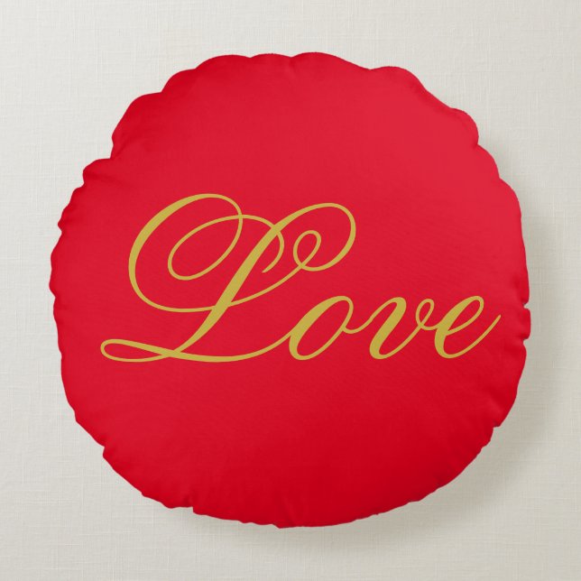Gold Color Script Red Love Wedding Calligraphy Round Pillow (Front)