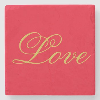 Gold Color Script Red Love Wedding Calligraphy Stone Coaster by hizli_art at Zazzle
