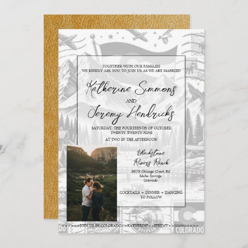 Gold Colorado Passport Wedding Invitation