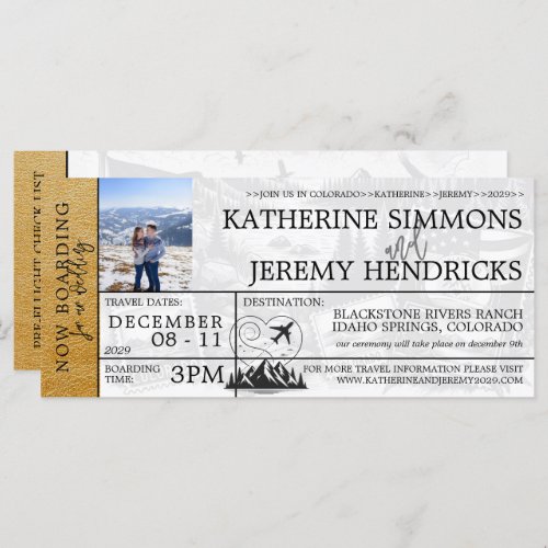 Gold Colorado Wedding Boarding Pass Invite