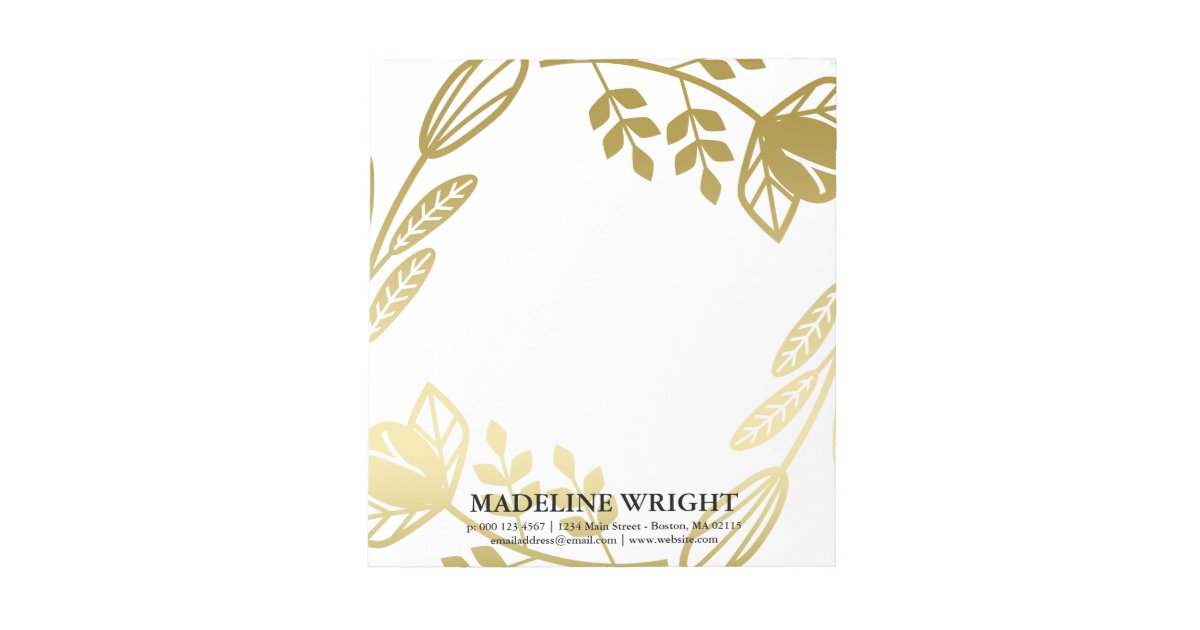 Gold Colored Floral Wreath - Custom Name Notepad | Zazzle