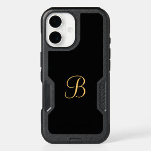 Gold-colored initial B on black monogram  round iPhone 16 Case