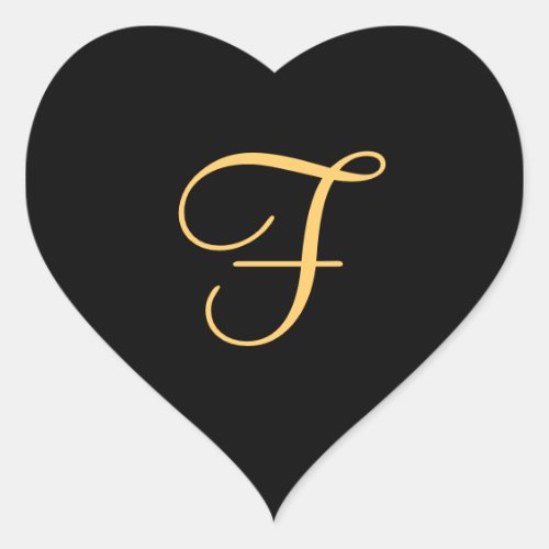 Gold_colored initial f on black background heart sticker