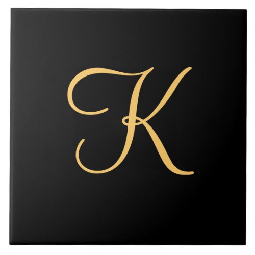 Gold_colored initial K on black background Ceramic Tile