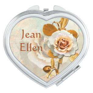 Gold Colored Leaf And Rose Compact Mirror