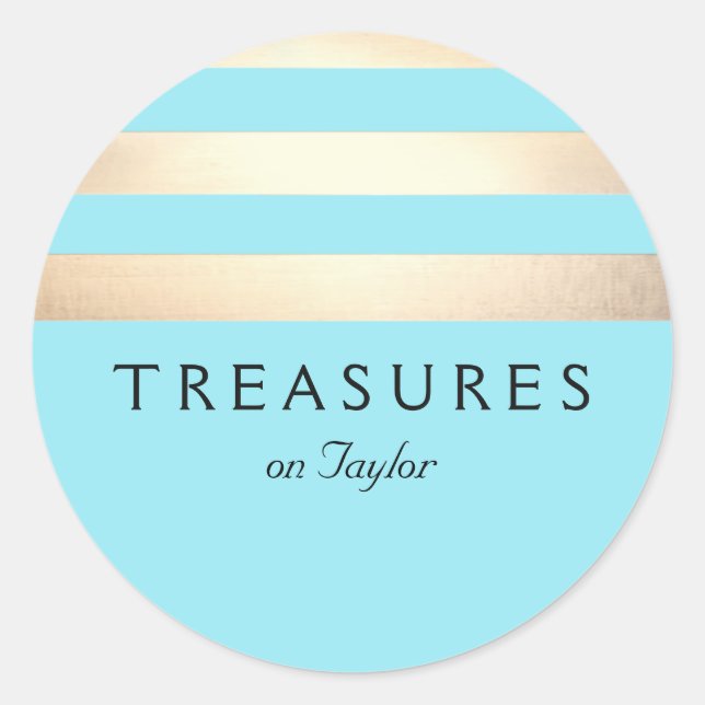 Gold Colored Striped Modern Turquoise Blue Classic Round Sticker (Front)
