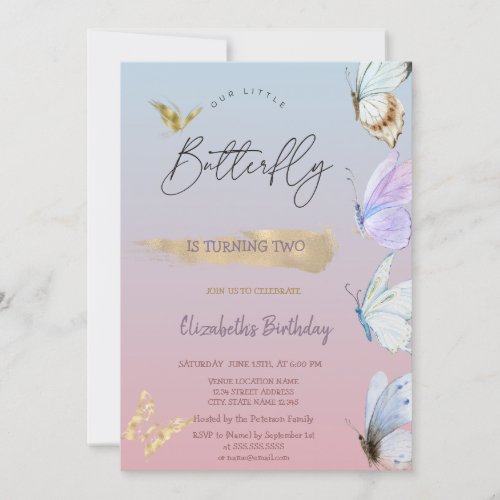 Gold Colorful Butterflies Ombre Birthday  Invitation