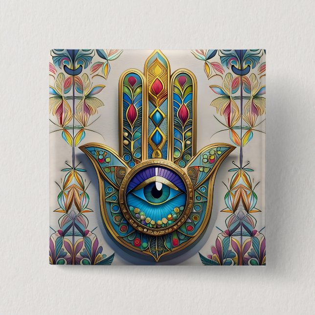 Gold Colorful Filigree Blue-Green Third Eye Hamsa Button (Front)