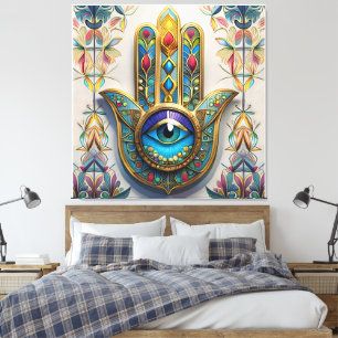 Gold Colorful Filigree Blue-Green Third Eye Hamsa Canvas Print