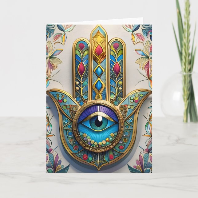 Gold Colorful Filigree Blue-Green Third Eye Hamsa Card (Front)