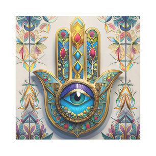 Gold Colorful Filigree Blue-Green Third Eye Hamsa Metal Print
