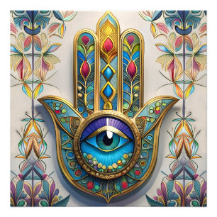 Gold Colorful Filigree Blue-Green Third Eye Hamsa Photo Print