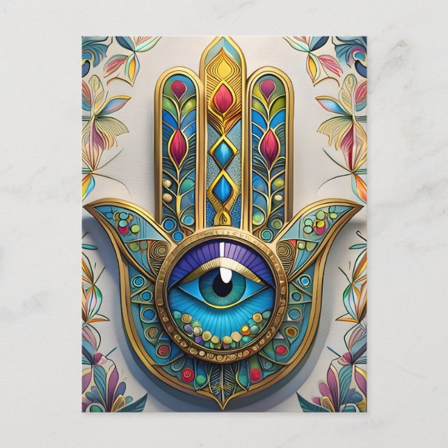 Gold Colorful Filigree Blue-Green Third Eye Hamsa Postcard (Front)