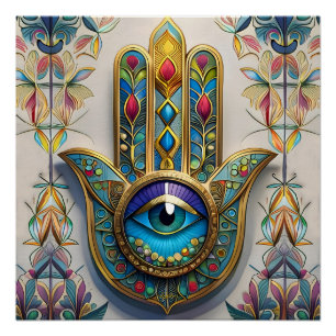 Gold Colorful Filigree Blue-Green Third Eye Hamsa Poster