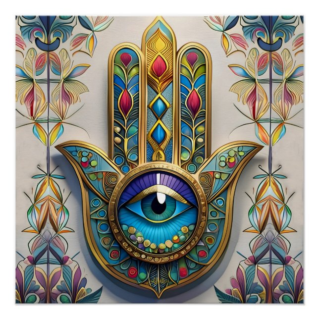 Gold Colorful Filigree Blue-Green Third Eye Hamsa Poster (Front)
