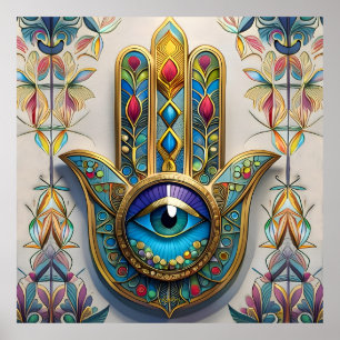 Gold Colorful Filigree Blue-Green Third Eye Hamsa Poster