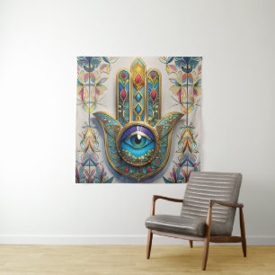 Gold Colorful Filigree Blue-Green Third Eye Hamsa Tapestry