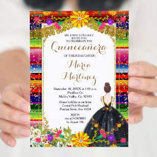 Gold Colorful Floral Quinceañera Birthday Invitation