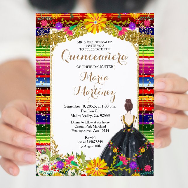 Gold Colorful Floral Quinceañera Birthday  Invitation (Creator Uploaded)