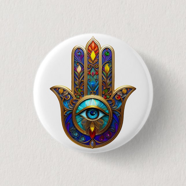 Gold Colorful Hamsa Turquoise Sapphire Third Eye  Button (Front)