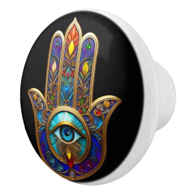 Gold Colorful Hamsa Turquoise Sapphire Third Eye  Ceramic Knob (Right)