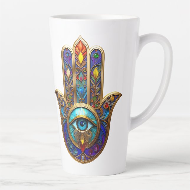 Gold Colorful Hamsa Turquoise Sapphire Third Eye  Latte Mug (Right)