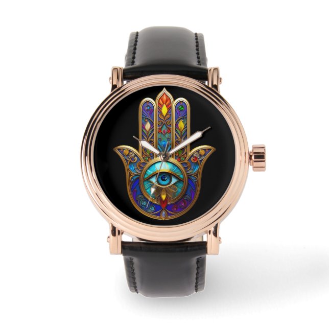 Gold Colorful Hamsa Turquoise Sapphire Third Eye  Watch (Front)