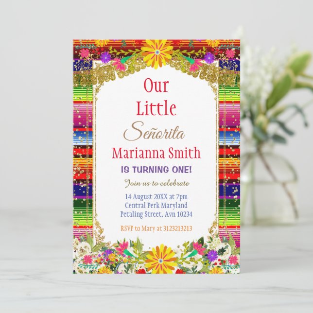 Gold Colorful Mexican Blanket Floral Fiesta  Invitation (Standing Front)