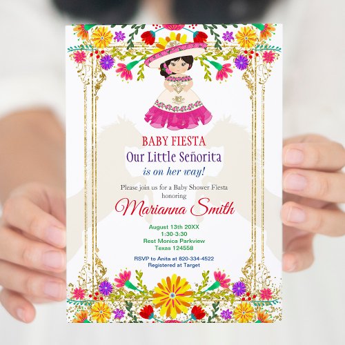 Gold colorful Mexican Floral Fiesta Baby Shower  Invitation