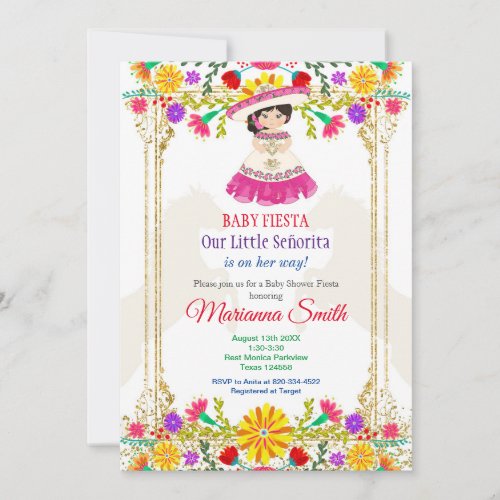Gold colorful Mexican Floral Fiesta Baby Shower  Invitation