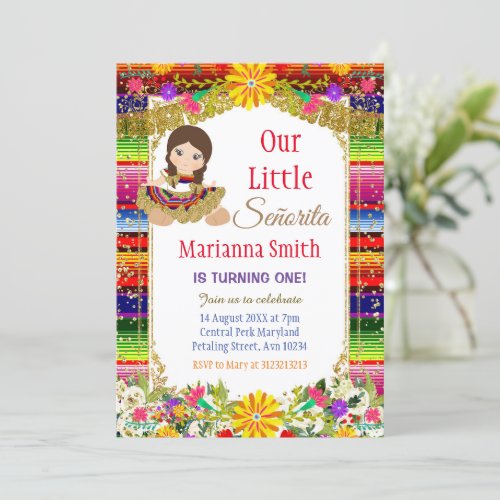 Gold Colorful Mexican Floral Girl Fiesta Birthday  Invitation
