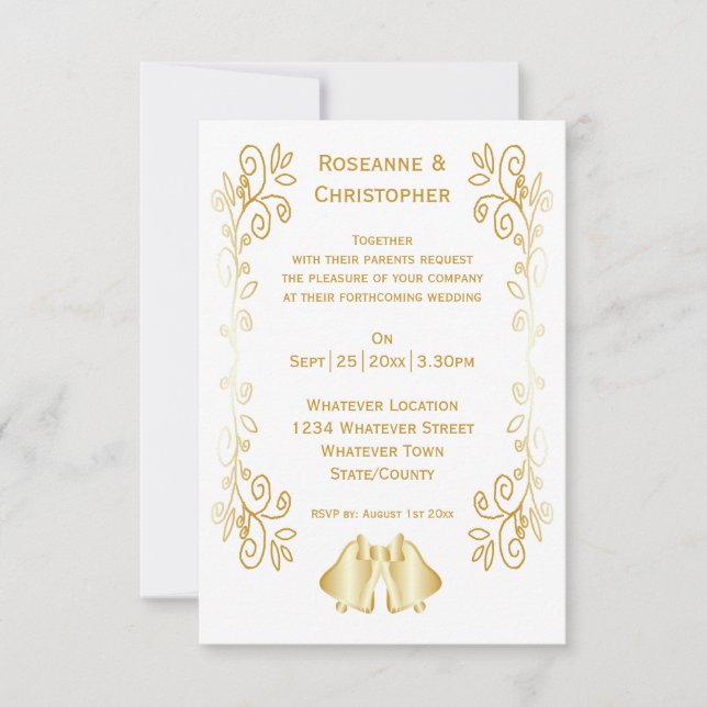 Gold Coloured Bells Design Wedding Invitation (Front)
