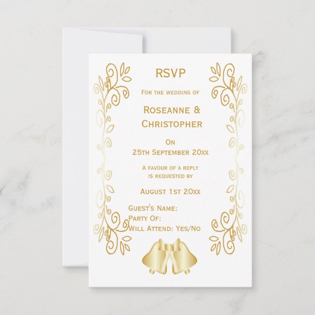 Gold Coloured Bells Design Wedding RSVP Card (Front)