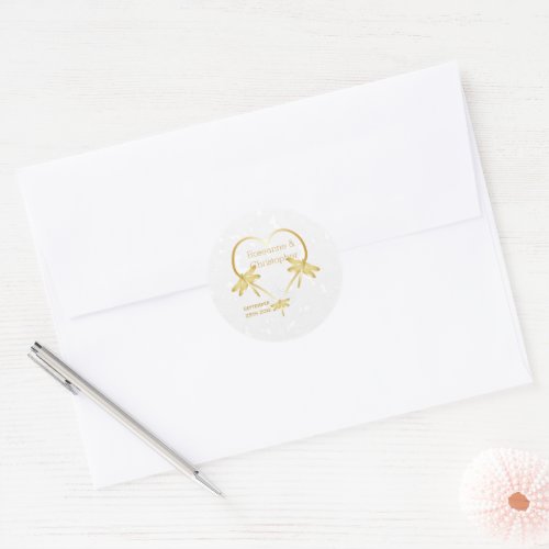 Gold Coloured Dragonfly Heart Design Wedding Classic Round Sticker