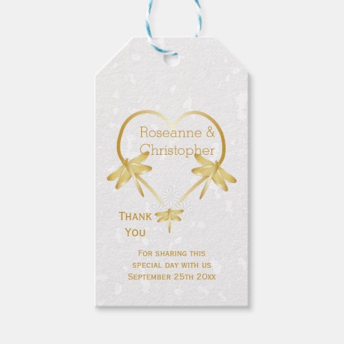Gold Coloured Dragonfly Heart Design Wedding Gift Tags