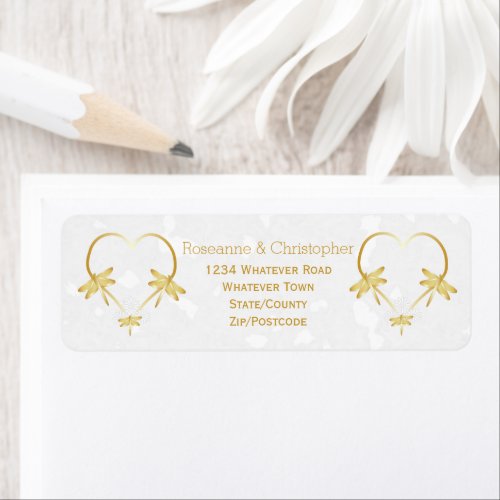 Gold Coloured Dragonfly Heart Design Wedding Label